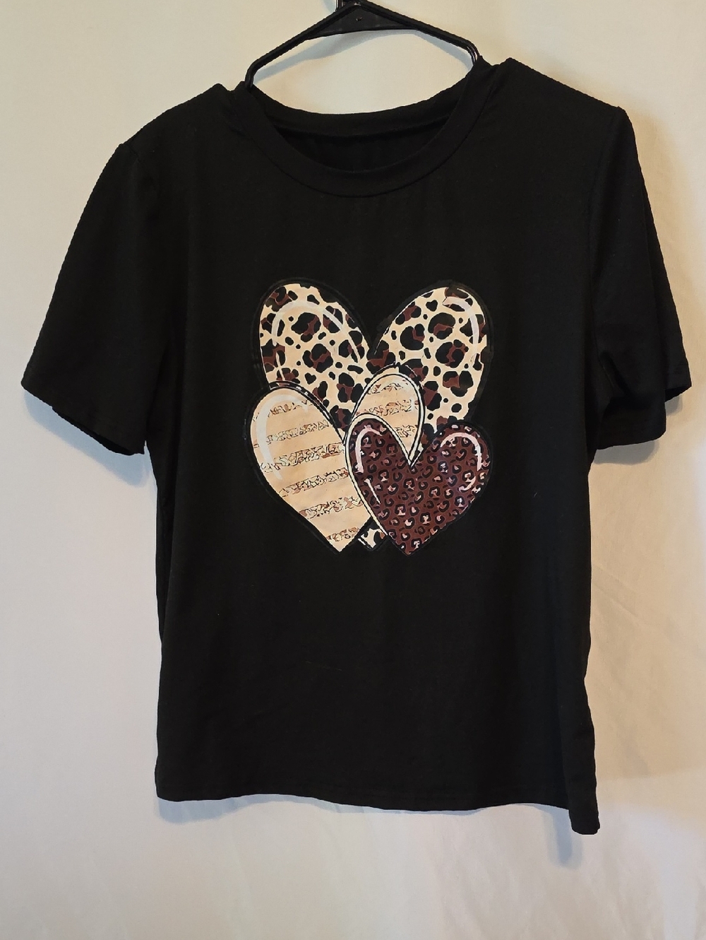Black Short-Sleeve Tee with Leopard Heart Appliqués